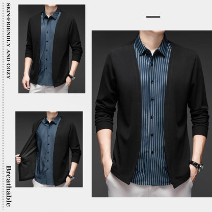 Men's Striped Casual Fake Two-Piece Suit - Long Sleeve Shirt Jacket Sweatshirt