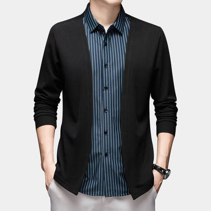 Men's Striped Casual Fake Two-Piece Suit - Long Sleeve Shirt Jacket Sweatshirt