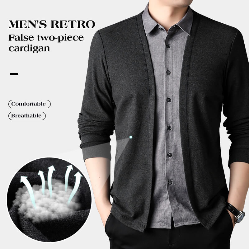 Men's Retro Casual Solid Color Fake Two-Piece Long Sleeve Sweatshirt Cardigan sweater