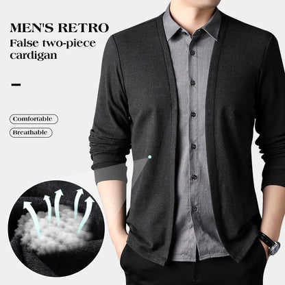 Men's Retro Casual Solid Color Fake Two-Piece Long Sleeve Sweatshirt Cardigan sweater