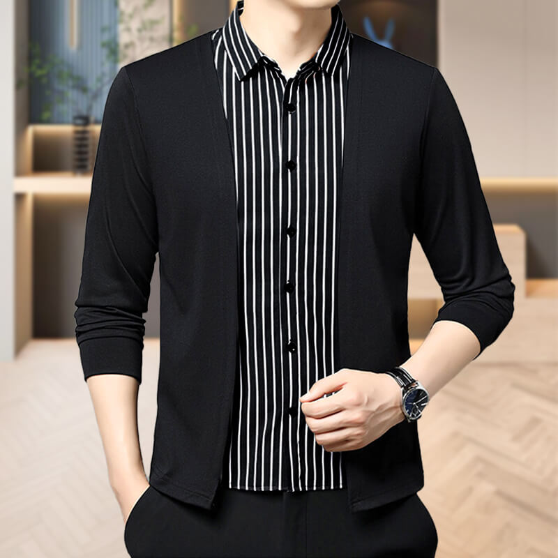 Men's Striped Casual Fake Two-Piece Suit - Long Sleeve Shirt Jacket Sweatshirt