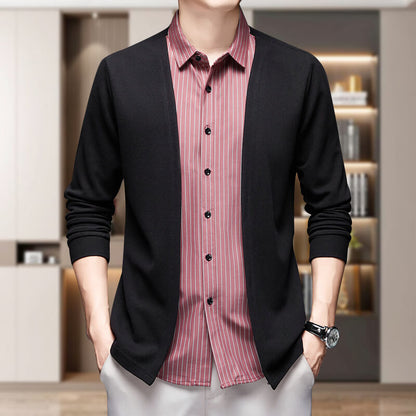 Men's Striped Casual Fake Two-Piece Suit - Long Sleeve Shirt Jacket Sweatshirt