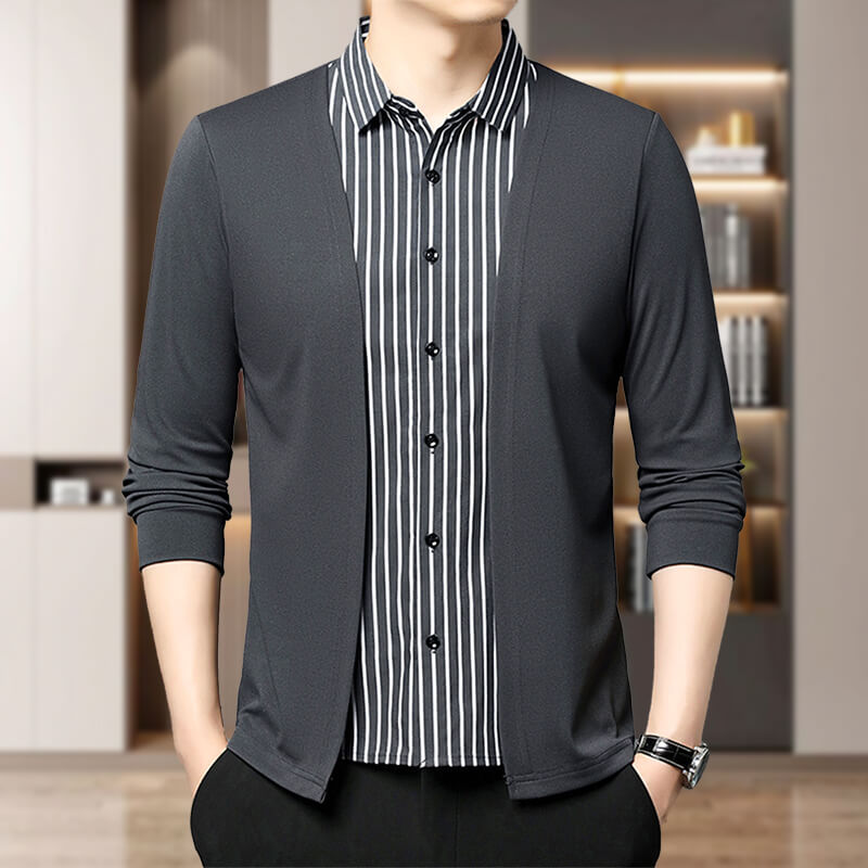 Men's Striped Casual Fake Two-Piece Suit - Long Sleeve Shirt Jacket Sweatshirt