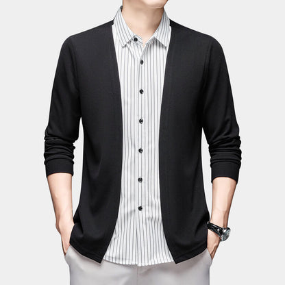 Men's Striped Casual Fake Two-Piece Suit - Long Sleeve Shirt Jacket Sweatshirt